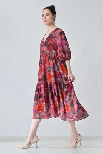 Shop_Samant Chauhan_Red Cotton, Viscose V-neck Bloom Print Tiered Dress _Online_at_Aza_Fashions