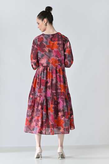 Shop_Samant Chauhan_Red Cotton, Viscose V-neck Bloom Print Tiered Dress _at_Aza_Fashions