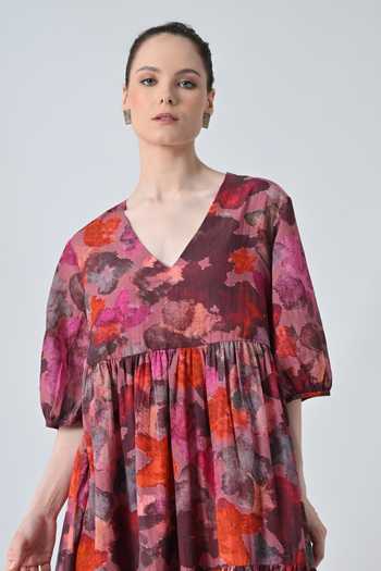 Samant Chauhan_Red Cotton, Viscose V-neck Bloom Print Tiered Dress _at_Aza_Fashions
