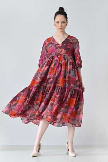 Buy_Samant Chauhan_Red Cotton, Viscose V-neck Bloom Print Tiered Dress 
