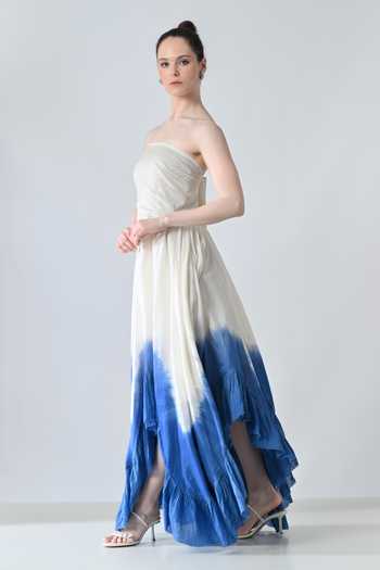 Samant Chauhan_Blue Silk, Cotton Bandeau Neck Ombre Layered Ruffle Strapless Dress _Online_at_Aza_Fashions