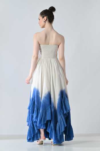 Shop_Samant Chauhan_Blue Silk, Cotton Bandeau Neck Ombre Layered Ruffle Strapless Dress _at_Aza_Fashions