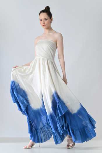 Shop_Samant Chauhan_Blue Silk, Cotton Bandeau Neck Ombre Layered Ruffle Strapless Dress _Online_at_Aza_Fashions