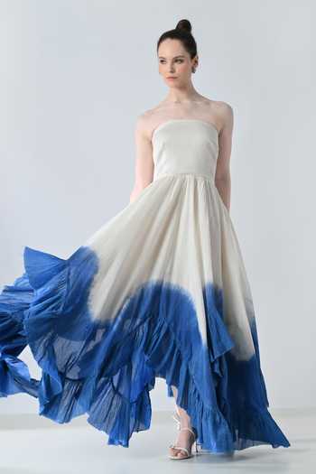 Buy_Samant Chauhan_Blue Silk, Cotton Bandeau Neck Ombre Layered Ruffle Strapless Dress _at_Aza_Fashions