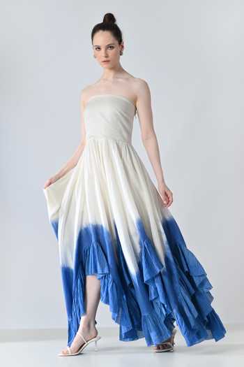 Samant Chauhan_Blue Silk, Cotton Bandeau Neck Ombre Layered Ruffle Strapless Dress _at_Aza_Fashions