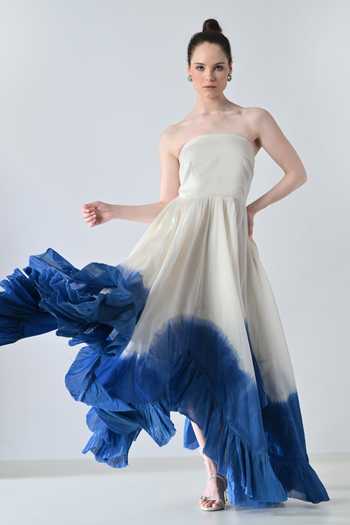 Buy_Samant Chauhan_Blue Silk, Cotton Bandeau Neck Ombre Layered Ruffle Strapless Dress 