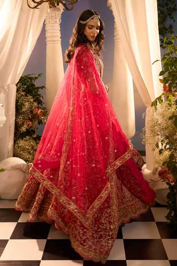 Azeera_Pink Silk, Net Embroidery, Metallic Thread Leaf Neck Floral Bridal Lehenga Set _Online_at_Aza_Fashions