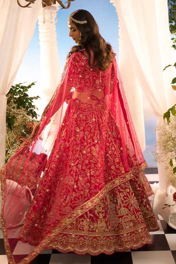 Buy_Azeera_Pink Silk, Net Embroidery, Metallic Thread Leaf Neck Floral Bridal Lehenga Set _Online_at_Aza_Fashions