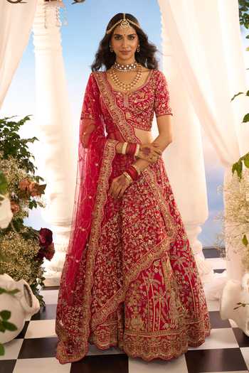 Shop_Azeera_Pink Silk, Net Embroidery, Metallic Thread Leaf Neck Floral Bridal Lehenga Set _Online_at_Aza_Fashions