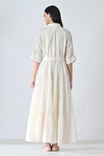 Shop_Samant Chauhan_Off White Silk, Cotton Embroidery Collared Garden Dress With Belt _at_Aza_Fashions