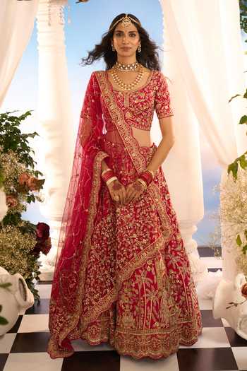 Azeera_Pink Silk, Net Embroidery, Metallic Thread Leaf Neck Floral Bridal Lehenga Set _at_Aza_Fashions