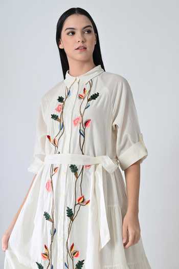 Samant Chauhan_Off White Silk, Cotton Embroidery Collared Garden Dress With Belt _Online_at_Aza_Fashions
