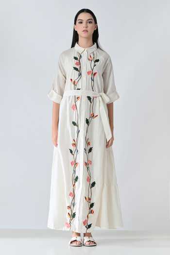 Buy_Samant Chauhan_Off White Silk, Cotton Embroidery Collared Garden Dress With Belt _at_Aza_Fashions
