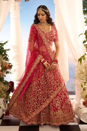 Buy_Azeera_Pink Silk, Net Embroidery, Metallic Thread Leaf Neck Floral Bridal Lehenga Set 
