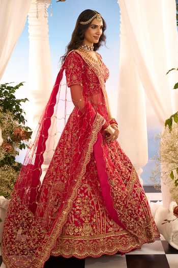 Shop_Azeera_Pink Silk, Net Embroidery, Metallic Thread Leaf Neck Floral Bridal Lehenga Set 