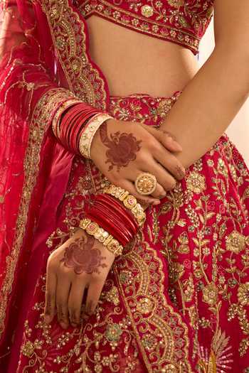 Azeera_Pink Silk, Net Embroidery, Metallic Thread Leaf Neck Floral Bridal Lehenga Set _Online