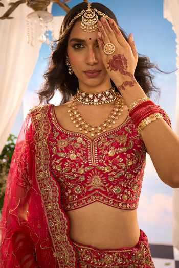 Shop_Azeera_Pink Silk, Net Embroidery, Metallic Thread Leaf Neck Floral Bridal Lehenga Set _Online
