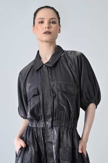 Shop_Samant Chauhan_Black Polyester Collared Midnight Utility Dress _Online_at_Aza_Fashions
