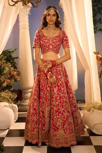 Azeera_Pink Silk, Net Embroidery, Metallic Thread Leaf Neck Floral Bridal Lehenga Set 