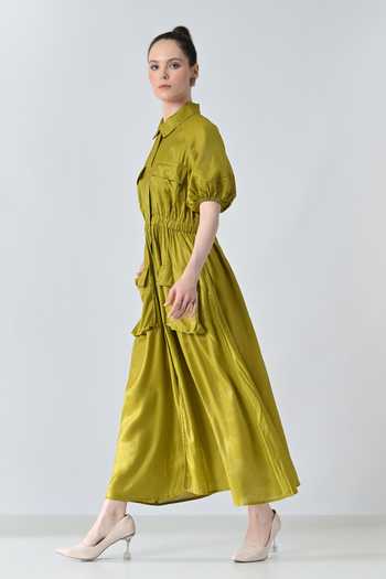Samant Chauhan_Olive Green Polyester Collared Gathered Dress _Online_at_Aza_Fashions