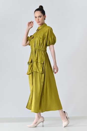 Buy_Samant Chauhan_Olive Green Polyester Collared Gathered Dress _Online_at_Aza_Fashions