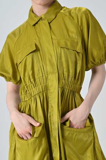 Shop_Samant Chauhan_Olive Green Polyester Collared Gathered Dress _Online_at_Aza_Fashions