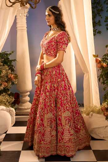 Azeera_Pink Silk, Net Embroidery, Metallic Thread Leaf Neck Floral Bridal Lehenga Set 