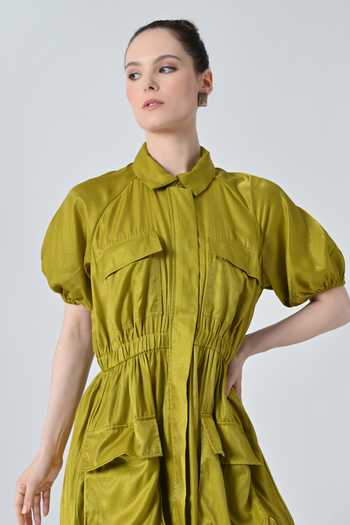 Samant Chauhan_Olive Green Polyester Collared Gathered Dress _at_Aza_Fashions