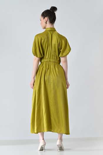 Shop_Samant Chauhan_Olive Green Polyester Collared Gathered Dress _at_Aza_Fashions
