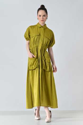 Buy_Samant Chauhan_Olive Green Polyester Collared Gathered Dress 