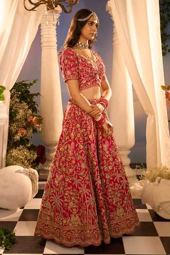 Azeera_Pink Silk, Net Embroidery, Metallic Thread Leaf Neck Floral Bridal Lehenga Set 
