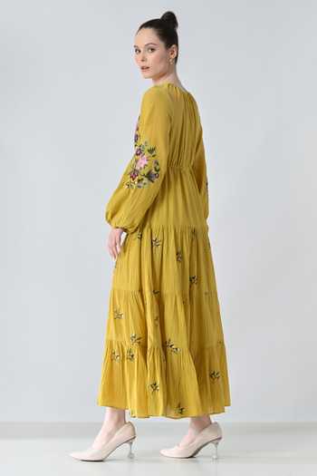 Shop_Samant Chauhan_Yellow Silk, Cotton Embroidery Keyhole Neck Midi Dress _at_Aza_Fashions