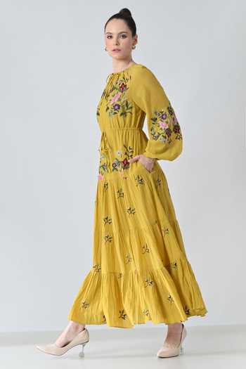 Samant Chauhan_Yellow Silk, Cotton Embroidery Keyhole Neck Midi Dress _Online_at_Aza_Fashions