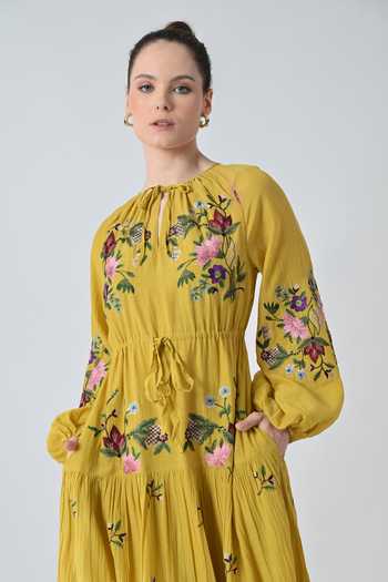 Buy_Samant Chauhan_Yellow Silk, Cotton Embroidery Keyhole Neck Midi Dress _Online_at_Aza_Fashions