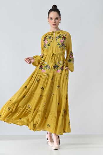 Shop_Samant Chauhan_Yellow Silk, Cotton Embroidery Keyhole Neck Midi Dress _Online_at_Aza_Fashions
