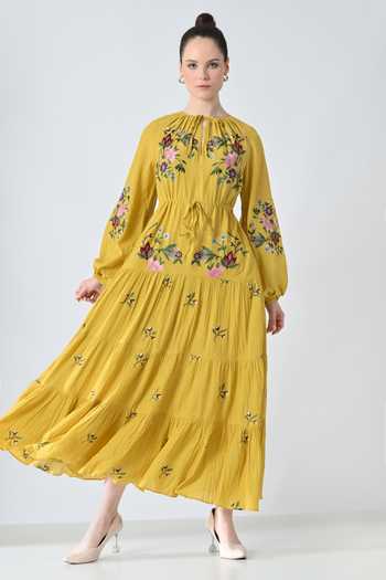 Samant Chauhan_Yellow Silk, Cotton Embroidery Keyhole Neck Midi Dress _at_Aza_Fashions