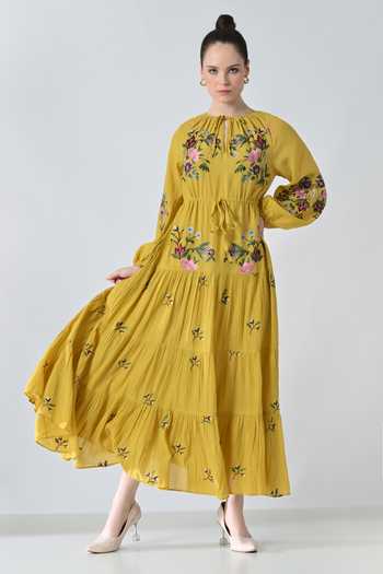 Buy_Samant Chauhan_Yellow Silk, Cotton Embroidery Keyhole Neck Midi Dress _at_Aza_Fashions