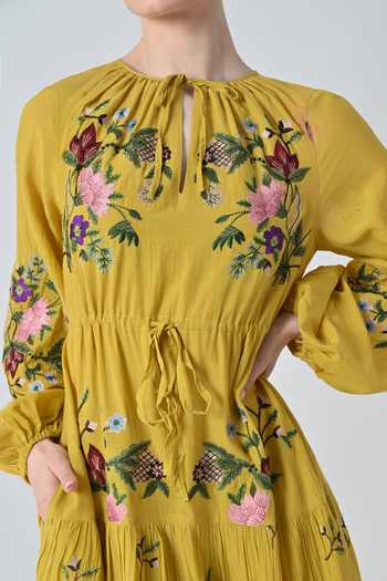 Buy_Samant Chauhan_Yellow Silk, Cotton Embroidery Keyhole Neck Midi Dress 