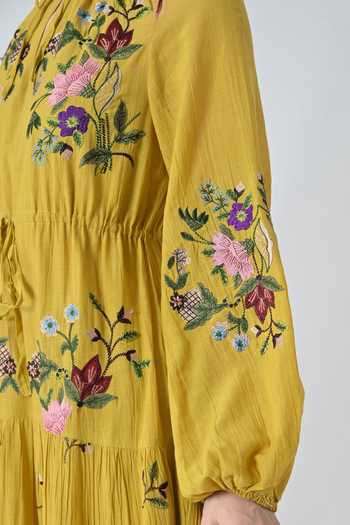 Shop_Samant Chauhan_Yellow Silk, Cotton Embroidery Keyhole Neck Midi Dress 
