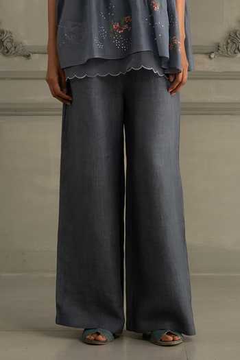 Arcvsh By Pallavi Singh_Blue Organza, Linen, Muslin Embroidery Round Hand Block Print Top And Pant Set _Online_at_Aza_Fashions