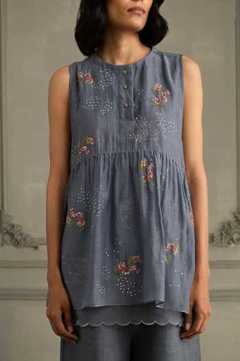 Buy_Arcvsh By Pallavi Singh_Blue Organza, Linen, Muslin Embroidery Round Hand Block Print Top And Pant Set _Online_at_Aza_Fashions