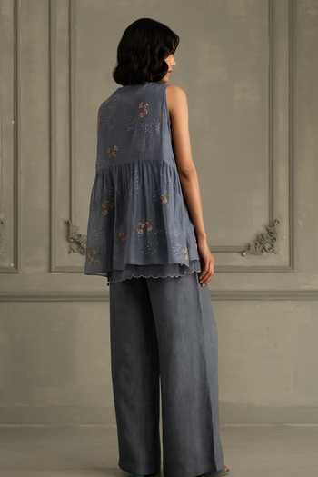 Shop_Arcvsh By Pallavi Singh_Blue Organza, Linen, Muslin Embroidery Round Hand Block Print Top And Pant Set _at_Aza_Fashions