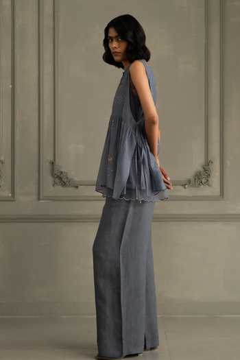 Shop_Arcvsh By Pallavi Singh_Blue Organza, Linen, Muslin Embroidery Round Hand Block Print Top And Pant Set _Online_at_Aza_Fashions