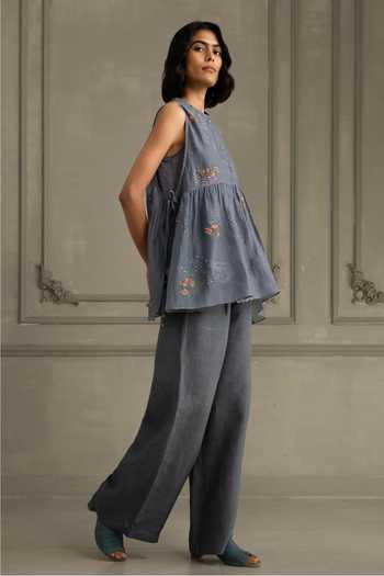 Arcvsh By Pallavi Singh_Blue Organza, Linen, Muslin Embroidery Round Hand Block Print Top And Pant Set _at_Aza_Fashions