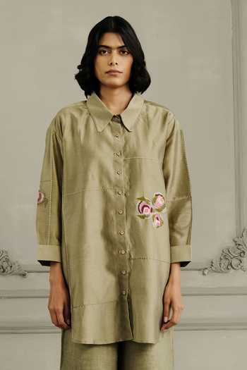 Arcvsh By Pallavi Singh_Green Chanderi, Linen Embroidery Collared Hand Shirt And Pant Set _Online_at_Aza_Fashions