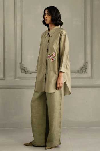 Shop_Arcvsh By Pallavi Singh_Green Chanderi, Linen Embroidery Collared Hand Shirt And Pant Set _Online_at_Aza_Fashions