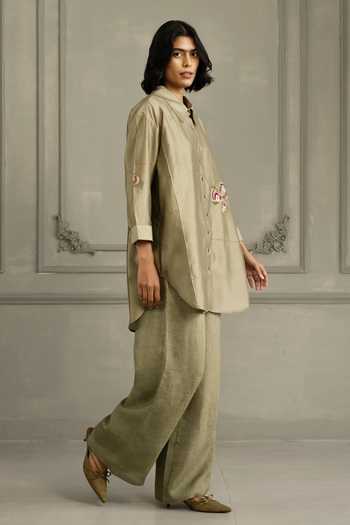 Arcvsh By Pallavi Singh_Green Chanderi, Linen Embroidery Collared Hand Shirt And Pant Set _at_Aza_Fashions