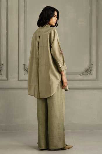 Shop_Arcvsh By Pallavi Singh_Green Chanderi, Linen Embroidery Collared Hand Shirt And Pant Set _at_Aza_Fashions