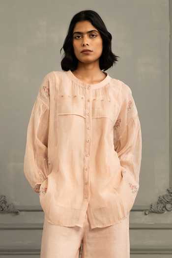 Buy_Arcvsh By Pallavi Singh_Pink Chanderi, Linen Embroidery Round Neck Hand Block Print Shirt With Pant _Online_at_Aza_Fashions