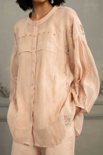 Shop_Arcvsh By Pallavi Singh_Pink Chanderi, Linen Embroidery Round Neck Hand Block Print Shirt With Pant _Online_at_Aza_Fashions